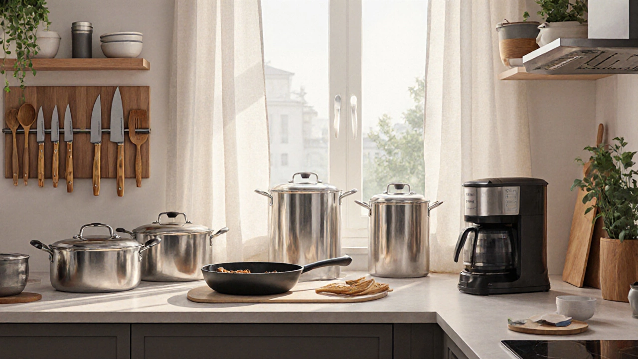 Кухня с качественной посудой, деревянными принадлежностями и умной кофеваркой на столе.