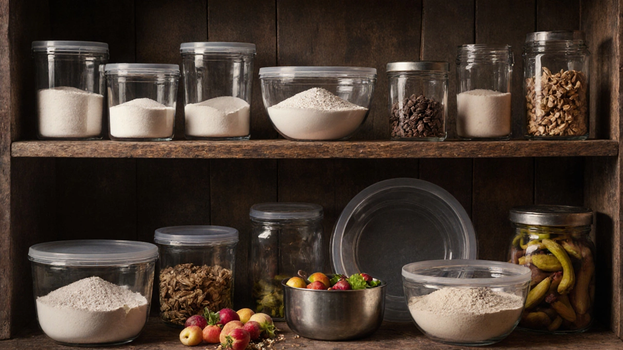 Набор стеклянной посуды на полке с видимым содержимым: мука, сухофрукты, маринады