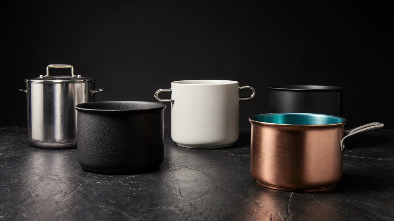 Пять лучших кастрюль 2025 года, расположенные на темном фоне, с акцентом на материал и дизайн.