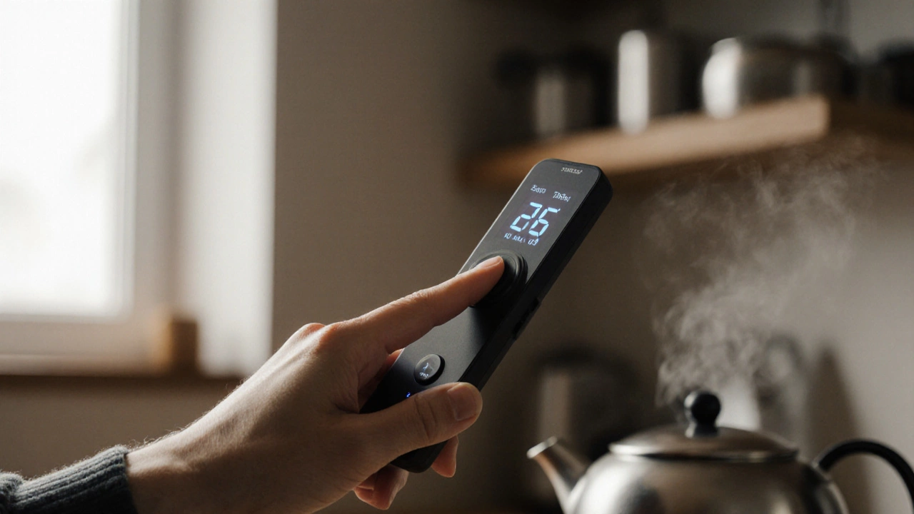 Рука нажимает на термометр для воды, рядом чайник с паром