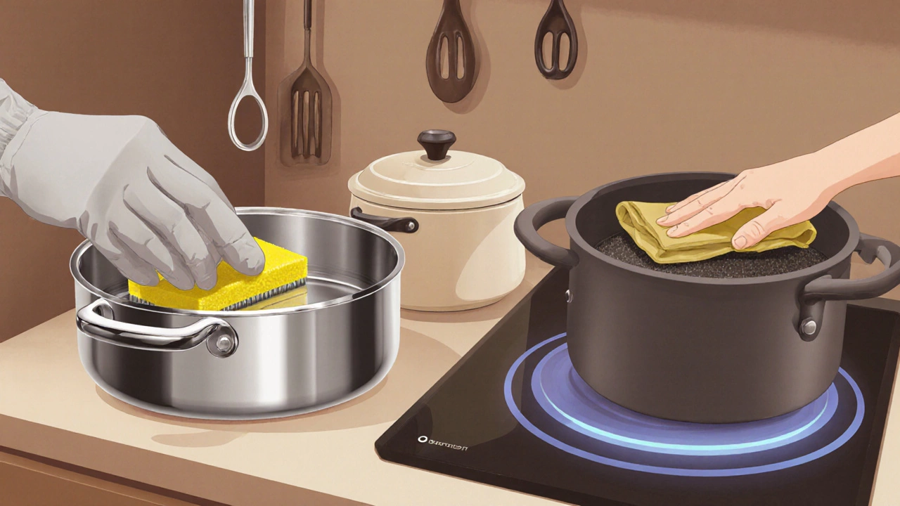 Руки ухаживают за кастрюлями: губка чистит нержавейку, кисточка смазывает чугун, тёплая атмосфера кухни.