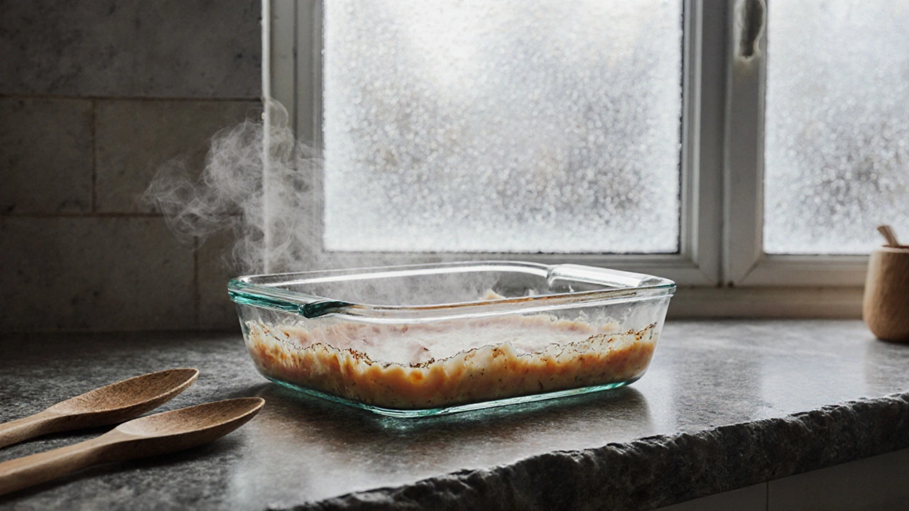 Стеклянная форма для запекания с паром, на фоне морозного окна