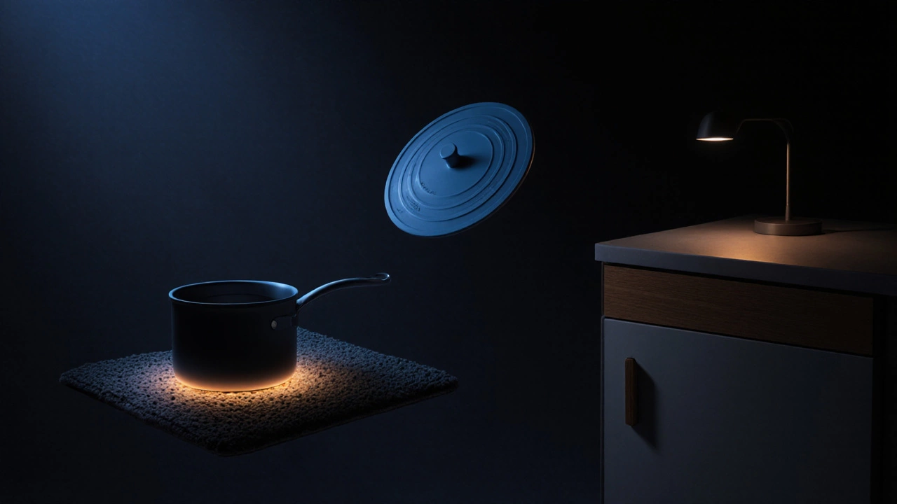 Тихий дом ночью: коврик, крышка и ручка шкафа в мягком свете