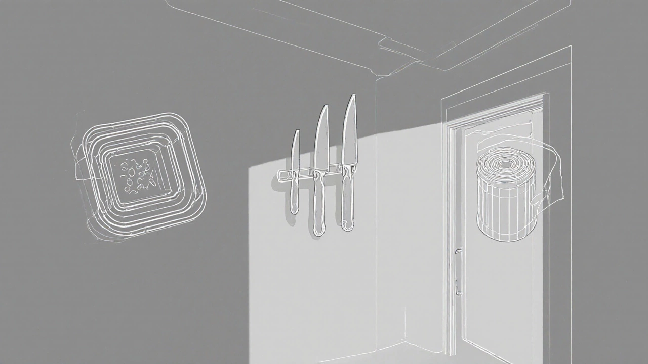 Три компактных предмета для маленькой квартиры: складная корзина, магнитный держатель для ножей и рулон пакетов.