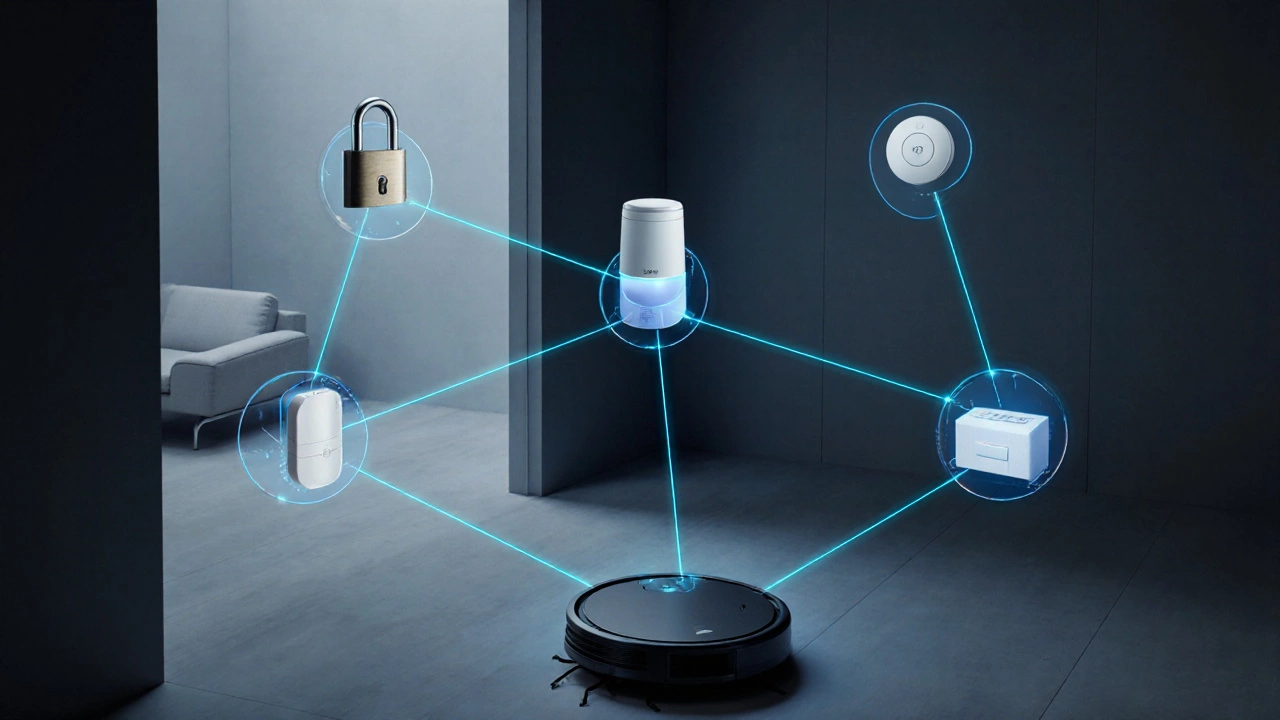 Умный дом с беспроводными устройствами, соединёнными светящимися линиями