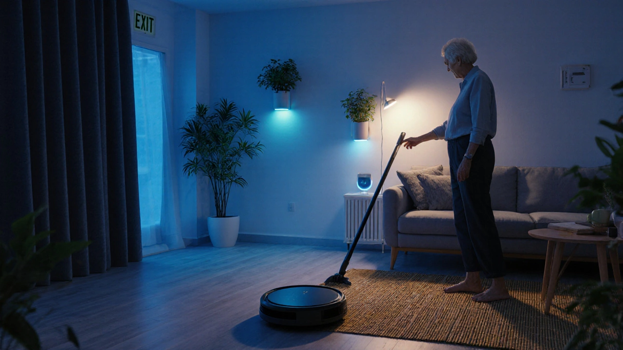 Умный дом с роботом-пылесосом, растениями в переработанном пластике и голосовым помощником.