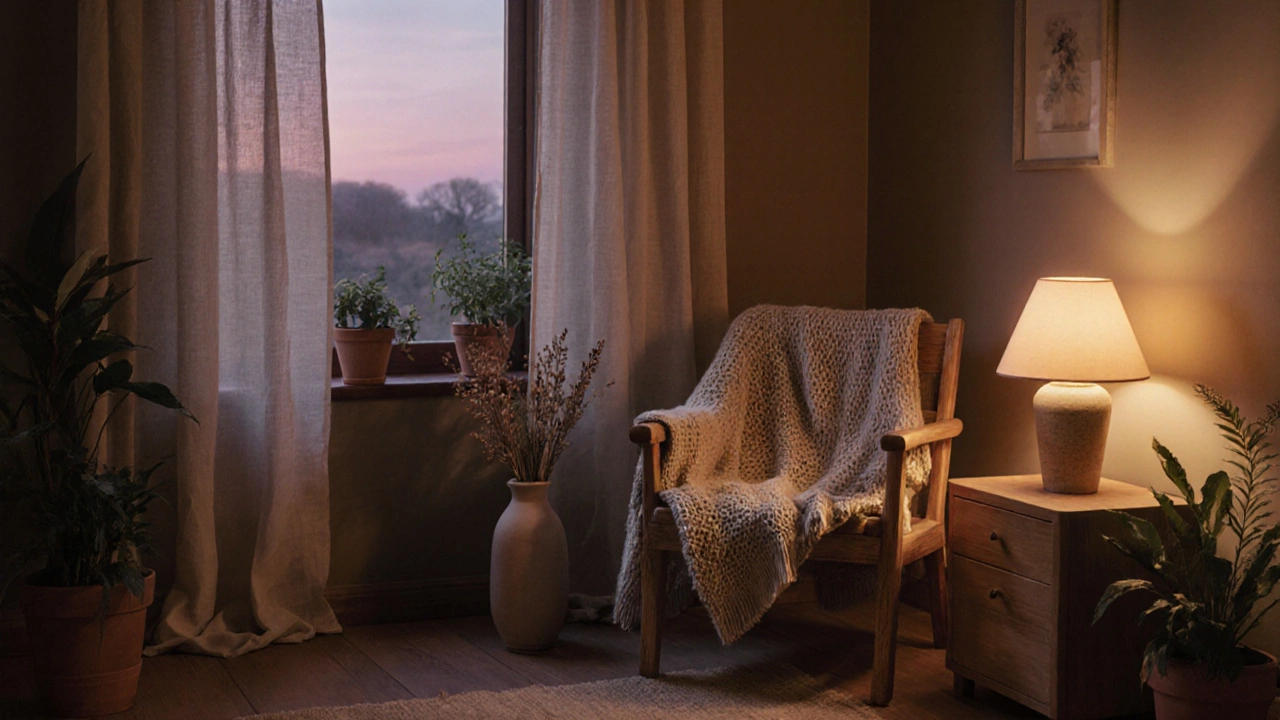 Уютная гостиная с натуральными тканями, лампой и горшечными растениями