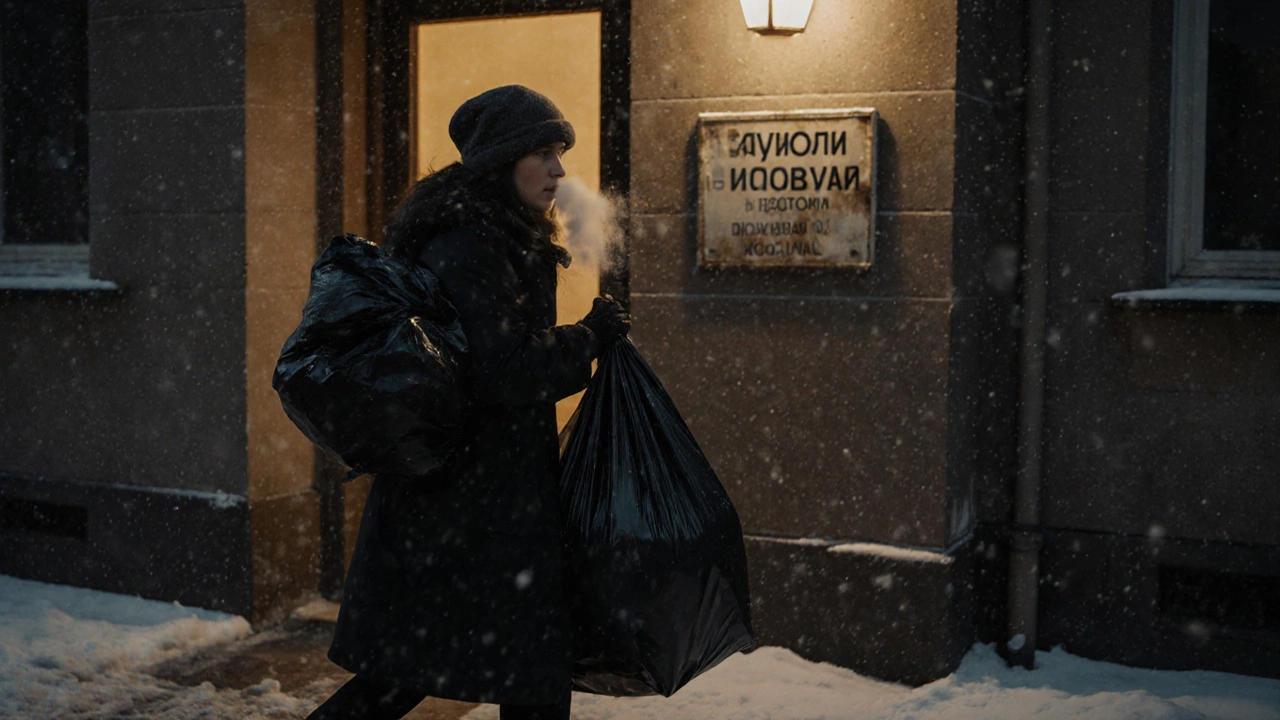 Женщина выносит мешок с мусором из подъезда в снежный Санкт-Петербург, в руке держит пакеты для мусора.