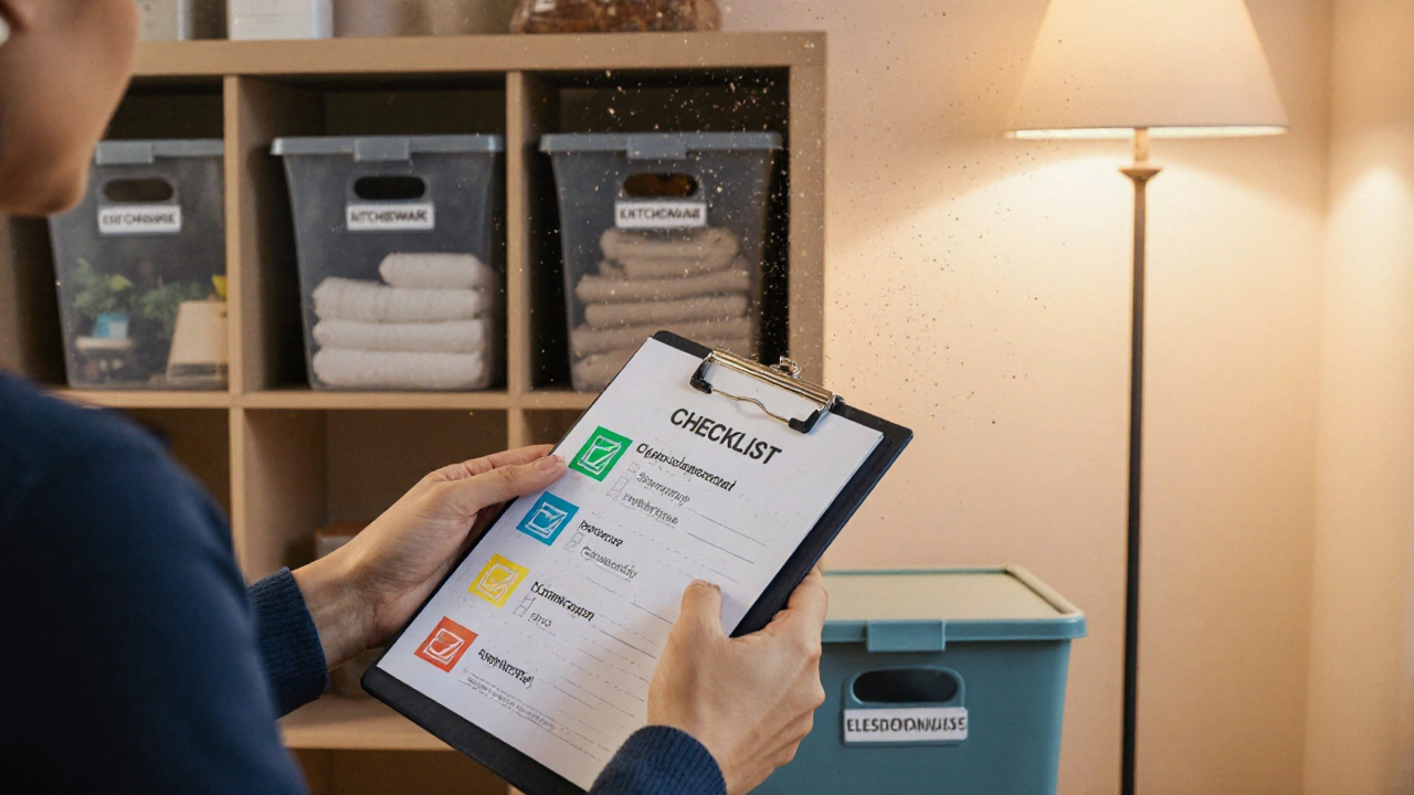 Человек с чек-листом и разложенными по категориям предметами в гостиной.