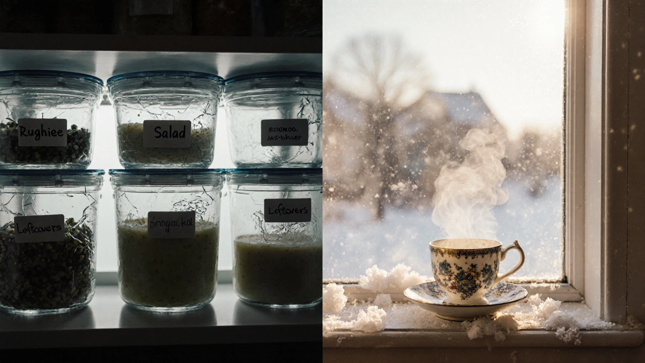 Двойная сцена: стеклянная посуда в кладовой и фарфоровая чашка на подоконнике.