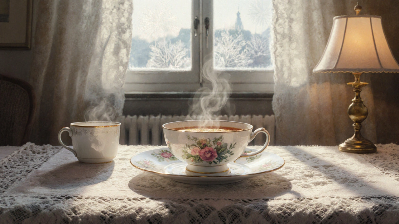 Фарфоровая тарелка с узором и горячим супом на уютном столе зимним утром.