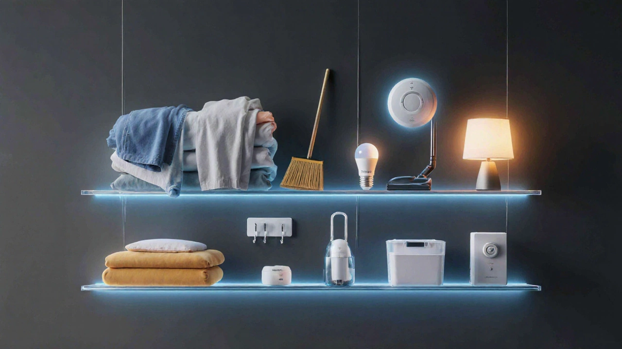 Концептуальная сцена с плавающими предметами для дома: текстиль, освещение, хранение и умные устройства.