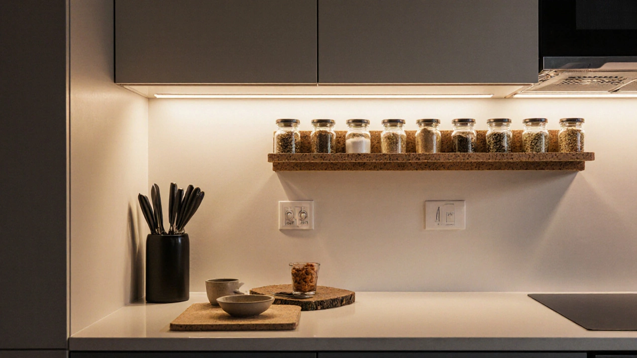 Кухонная система хранения из переработанного стекла и пробки без беспорядка.