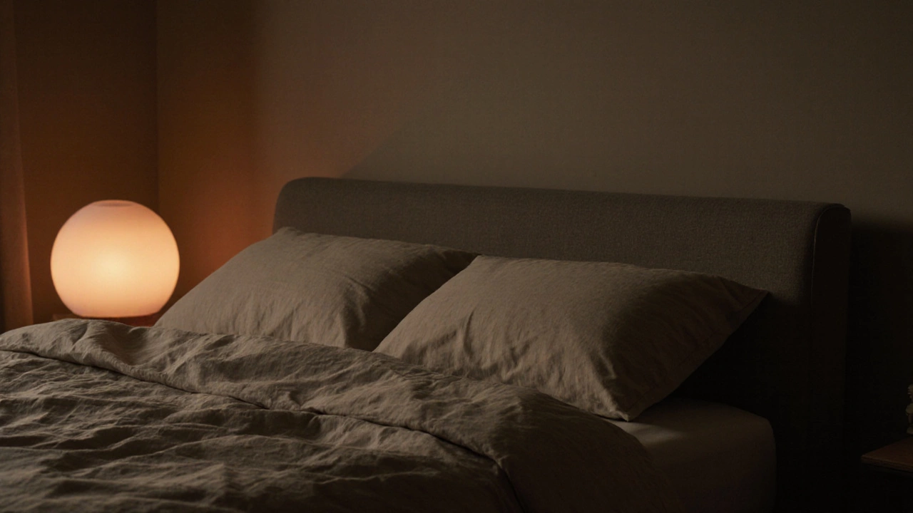 Постельное бельё без складок и тёплый свет в спальне с диваном-кроватью.