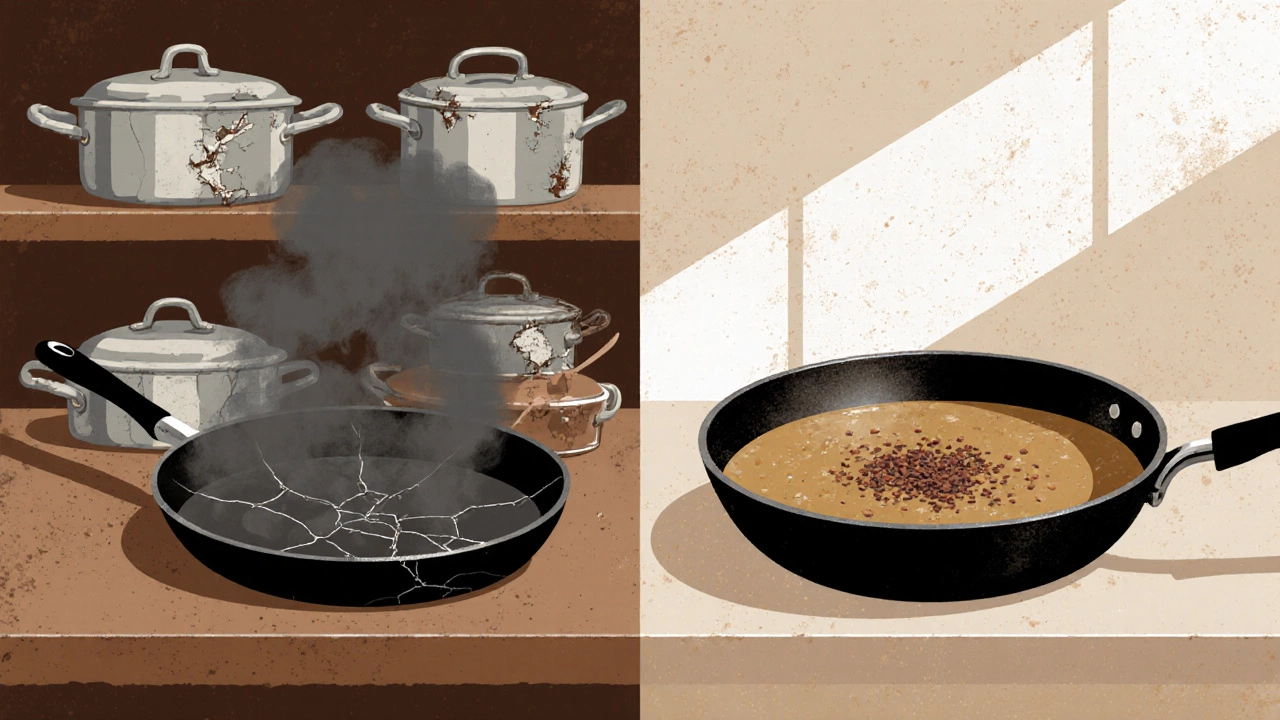 Поврежденная антипригарная сковорода выделяет токсичные пары, рядом — чугунная сковорода с едой.