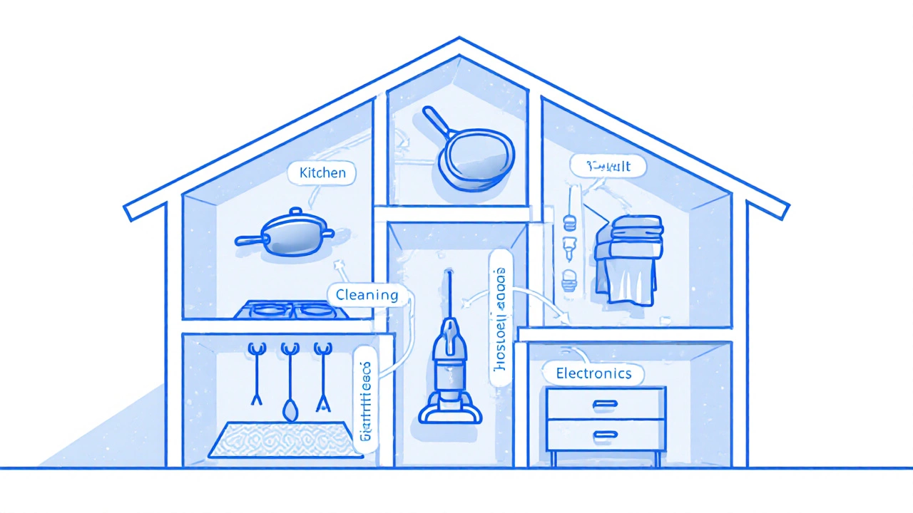 Прозрачный дом с внутренними категориями бытовых товаров, визуализированными как плавающие объекты.