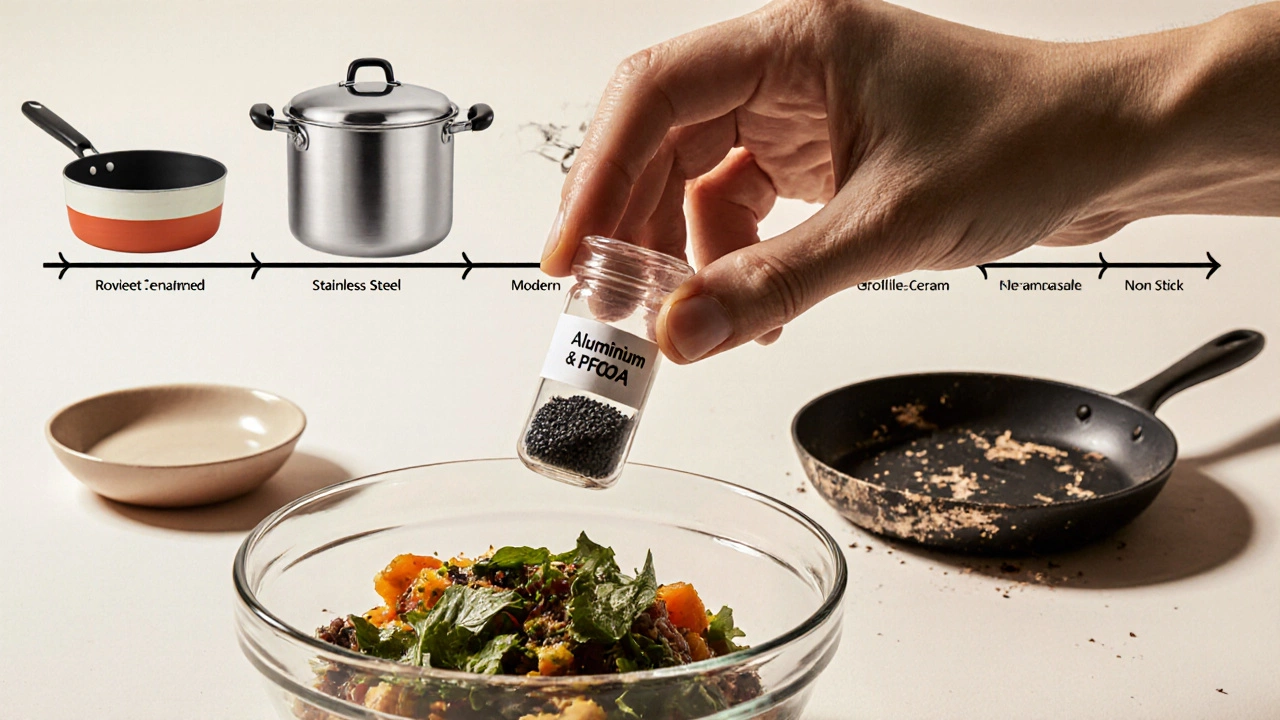 Рука держит пробирку с токсинами рядом с чистой едой и безопасной посудой на фоне исторических образцов.