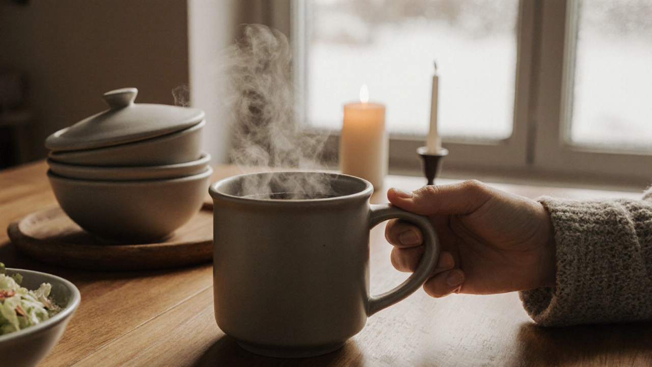 Руки держат керамическую кружку с горячим глинтвейном, пар поднимается к свету свечи.