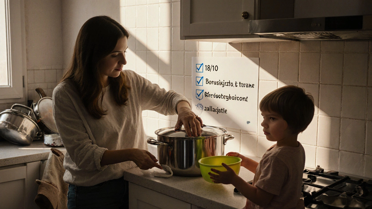 Семья в Санкт-Петербурге заменяет старую посуду на безопасную — сталь, стекло и силикон на фоне уходящего хлама.