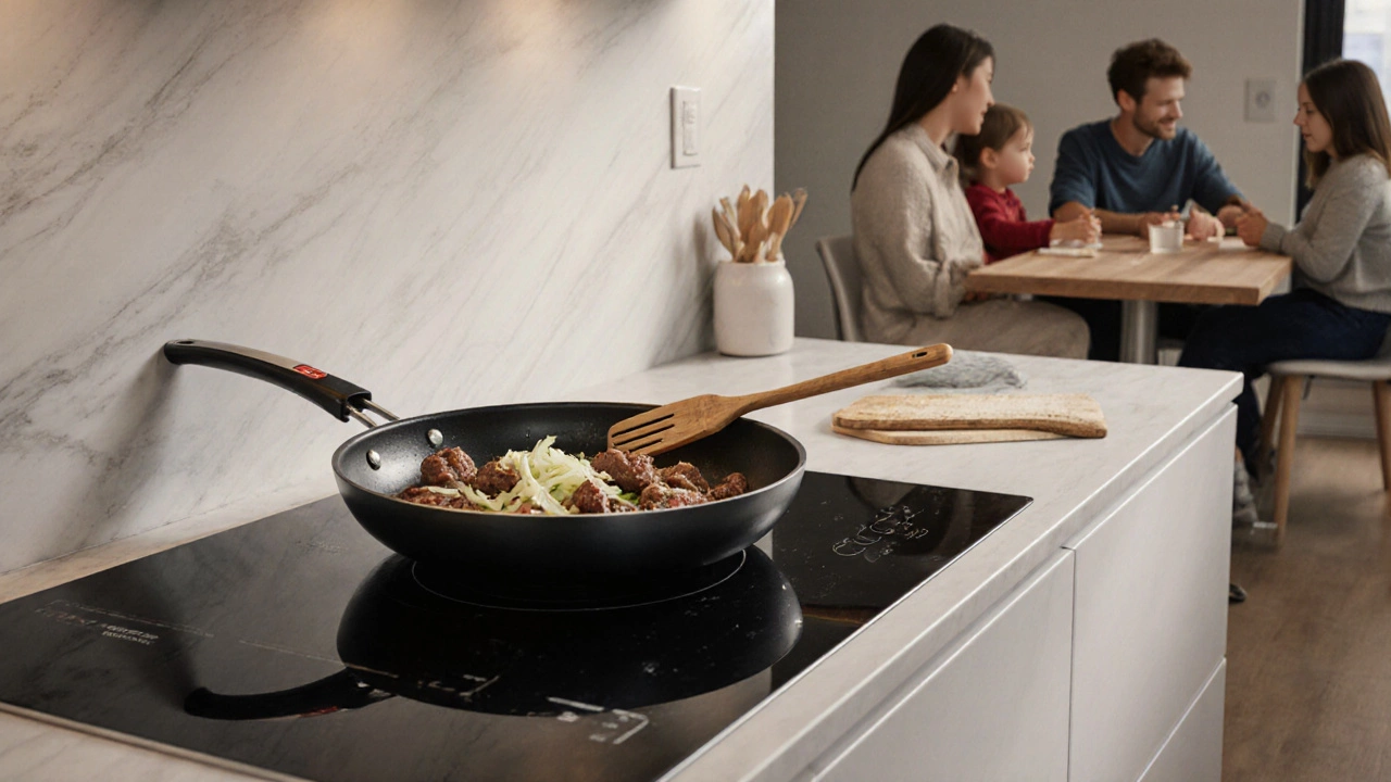 Сковорода Tefal на индукционной плите с овощами и деревянной лопаткой.