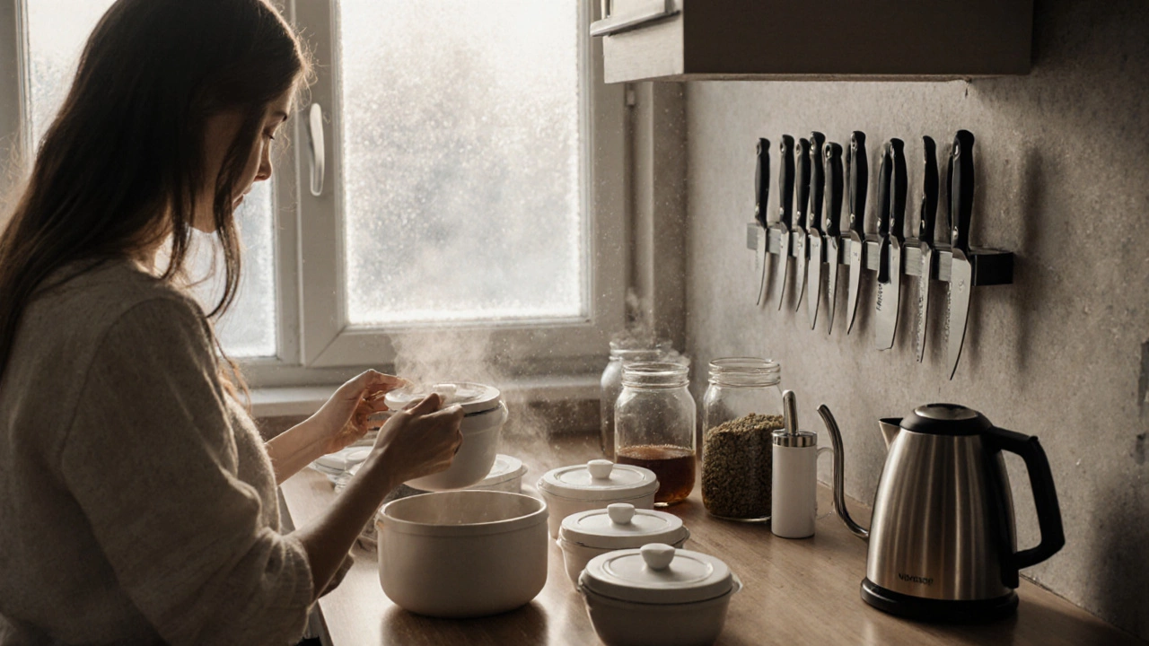 Современная кухня с силиконовыми крышками, магнитным держателем для ножей и электрическим чайником.