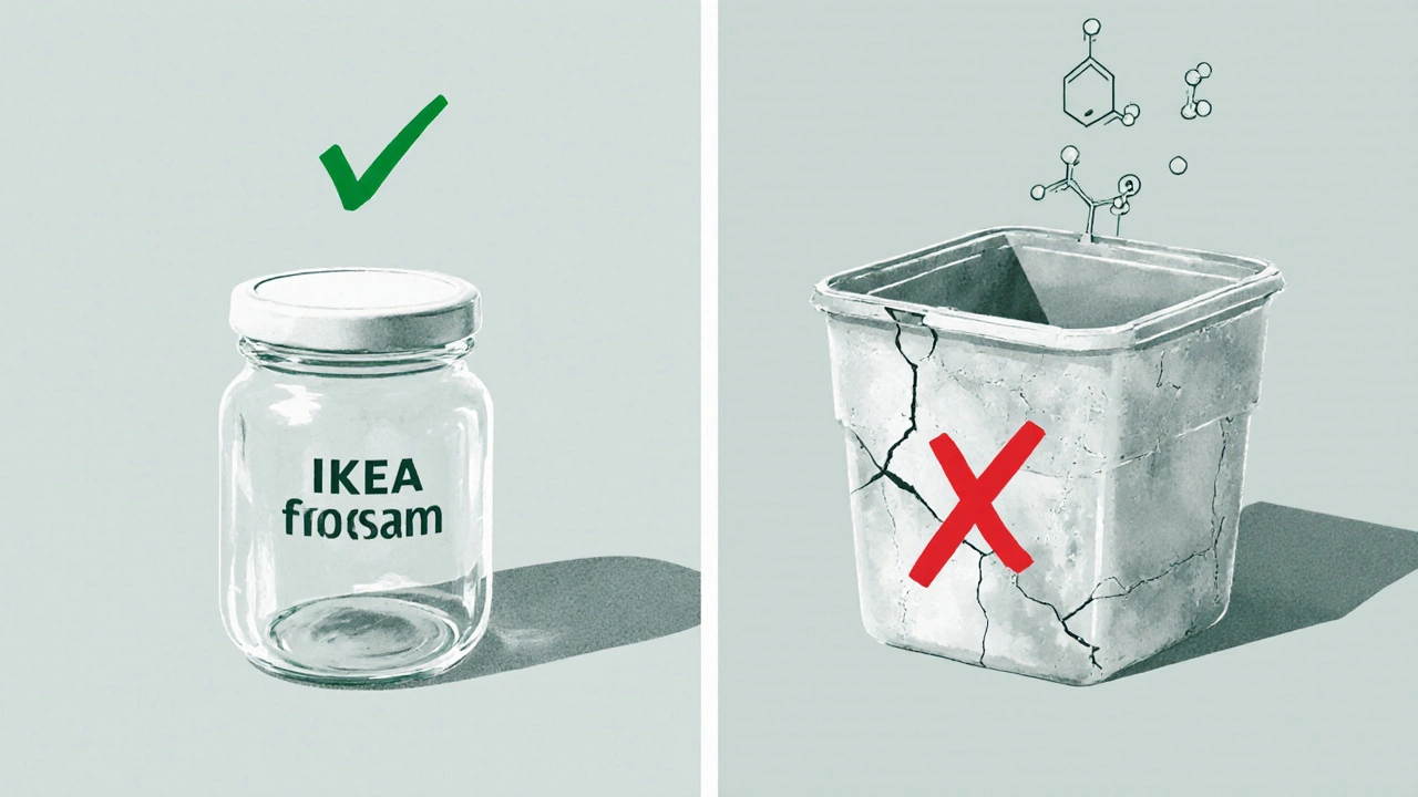 Сравнение безопасной стеклянной посуды и опасного пластика, символы проверки и запрета, без текста.