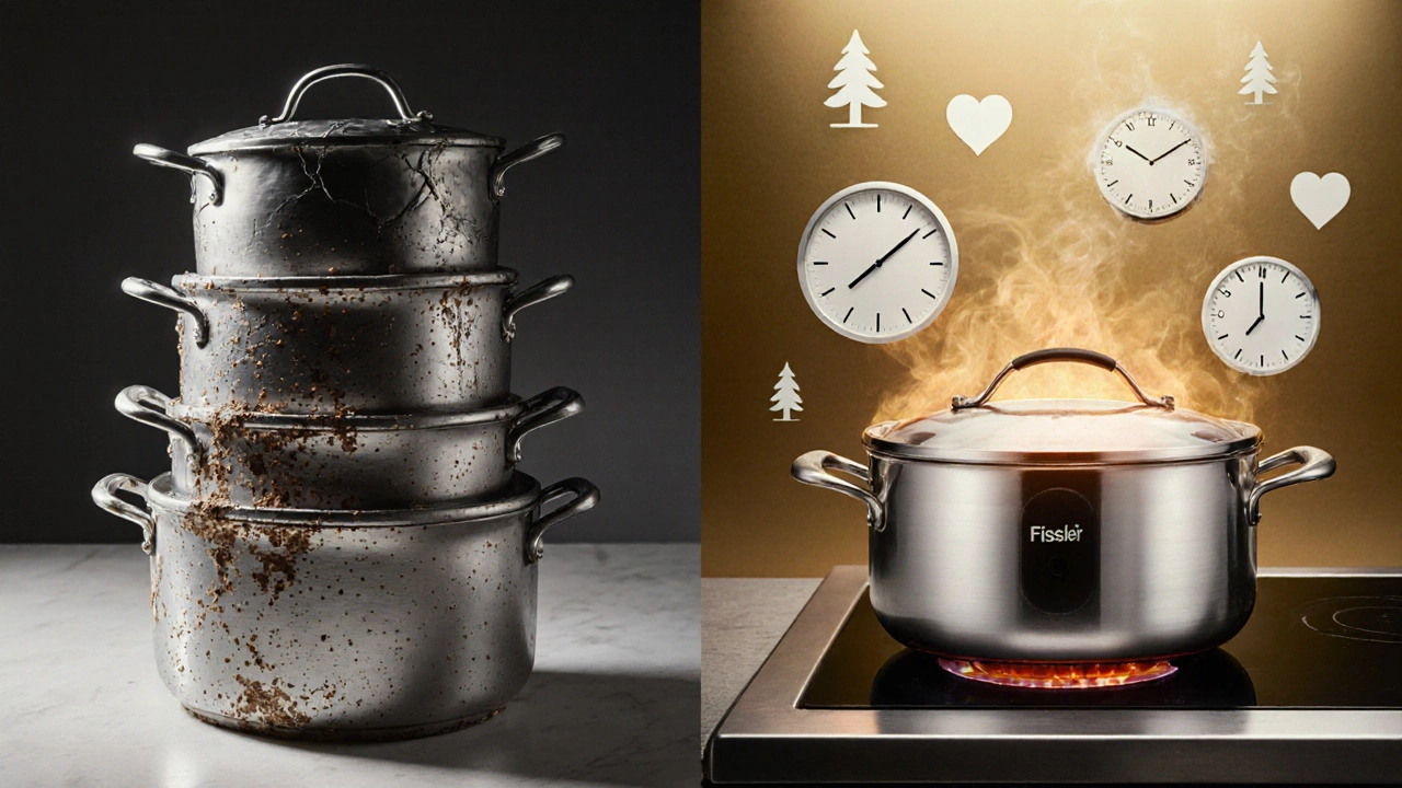 Сравнение дешевой и качественной посуды: слева — ржавые кастрюли, справа — блестящая нержавейка.
