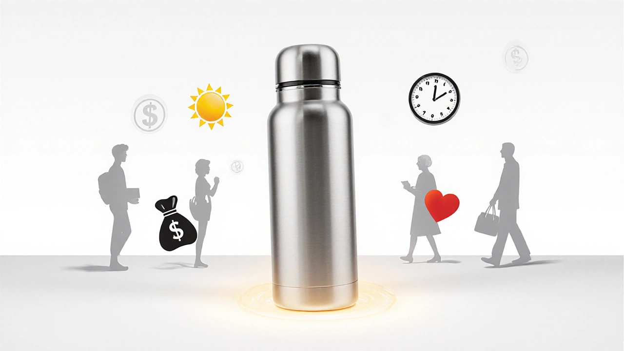 Стальной термос в центре, окруженный символами экономии, тепла, здоровья и мобильности.