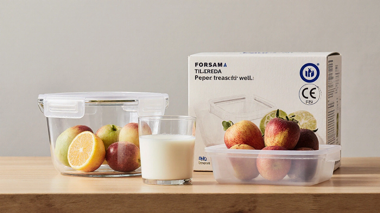 Стеклянные и безопасные пластиковые контейнеры Икеа с фруктами на кухонной стойке, видны сертификаты.