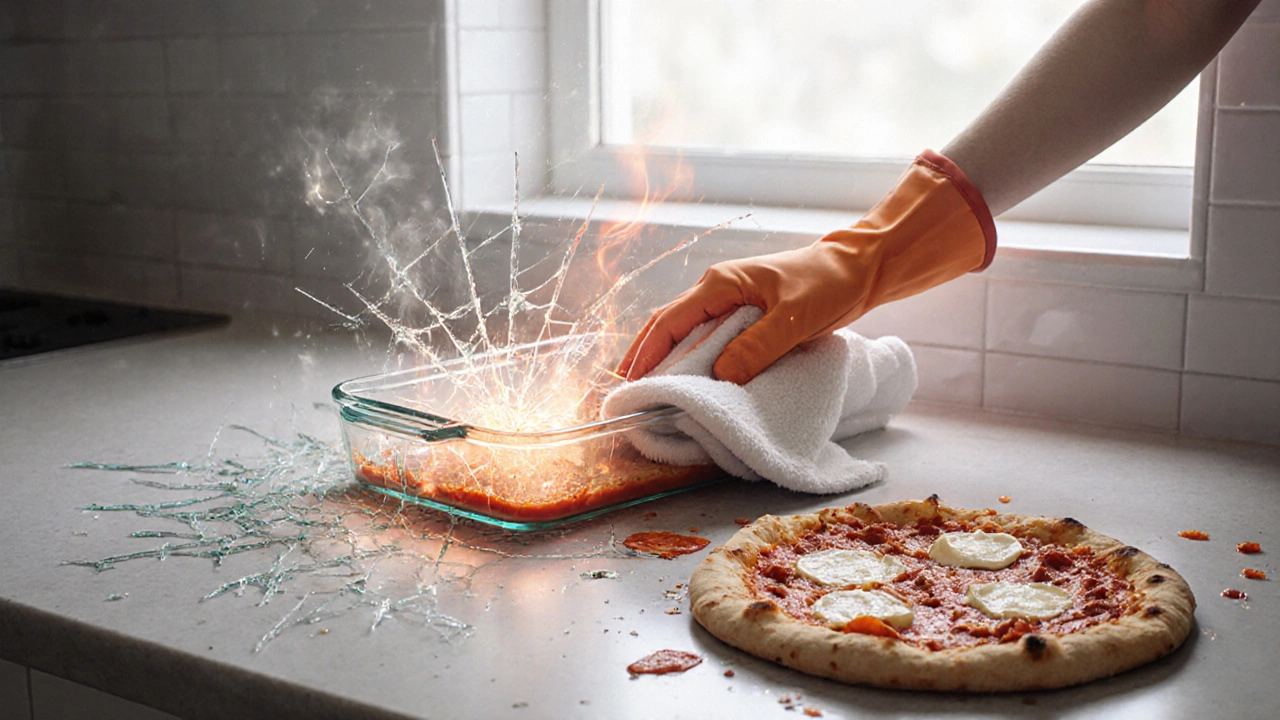 Треснувшая стеклянная форма на кухне, осколки и разлитая пицца вокруг, рука в перчатке накрывает блюдо полотенцем.