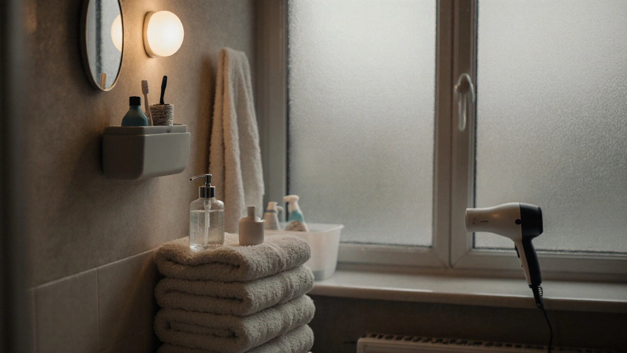 Ванная комната с полотенцами, средствами для уборки и лампочкой в зеркале.