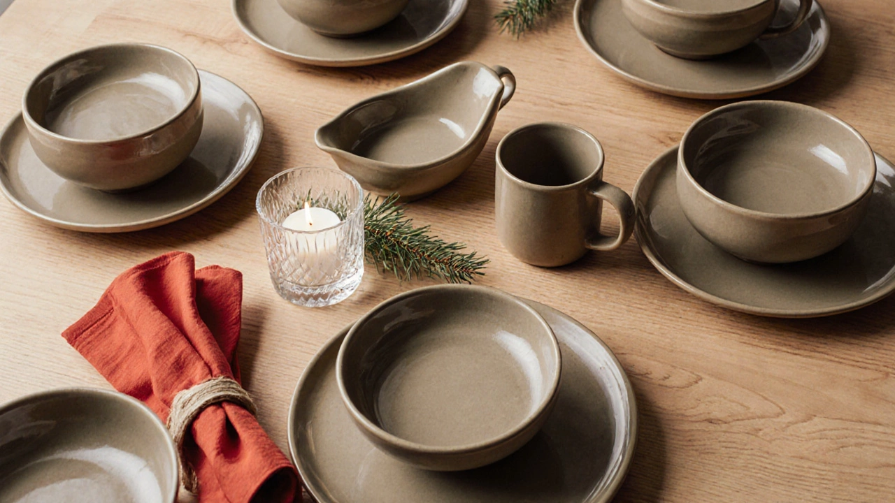 Вид сверху на полный комплект посуды для праздника: тарелки, миски, соусники и одна красная салфетка.