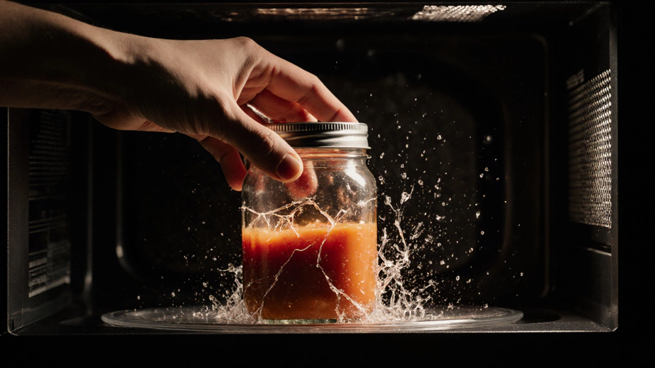 Замороженный момент взрыва стеклянной банки в микроволновке с разлетающимися осколками и брызгами еды.