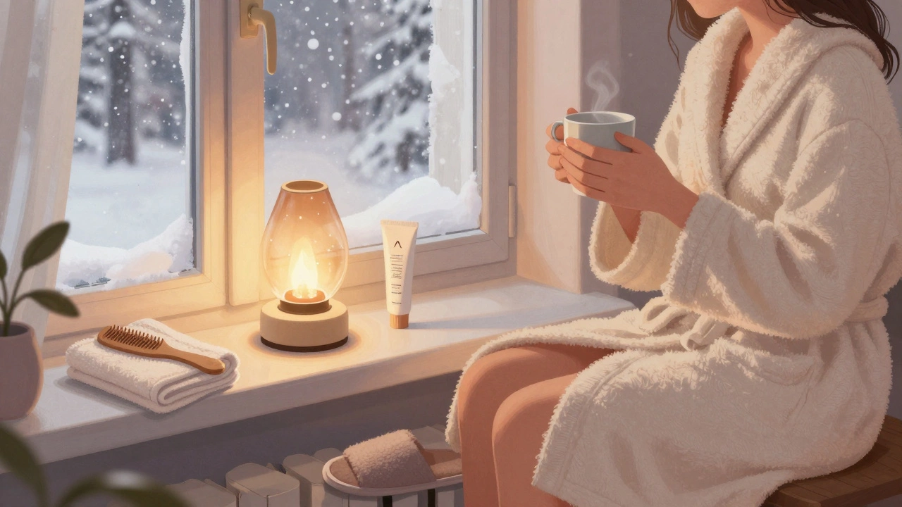 Человек в халате и тапочках у окна в зимнем доме, держит чашку, рядом — расческа и крем для ног.