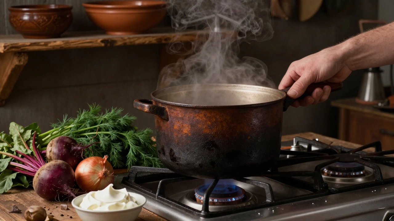 Чугунная кастрюля Архангельской посуды на газовой плите, рядом русские ингредиенты, дым поднимается.