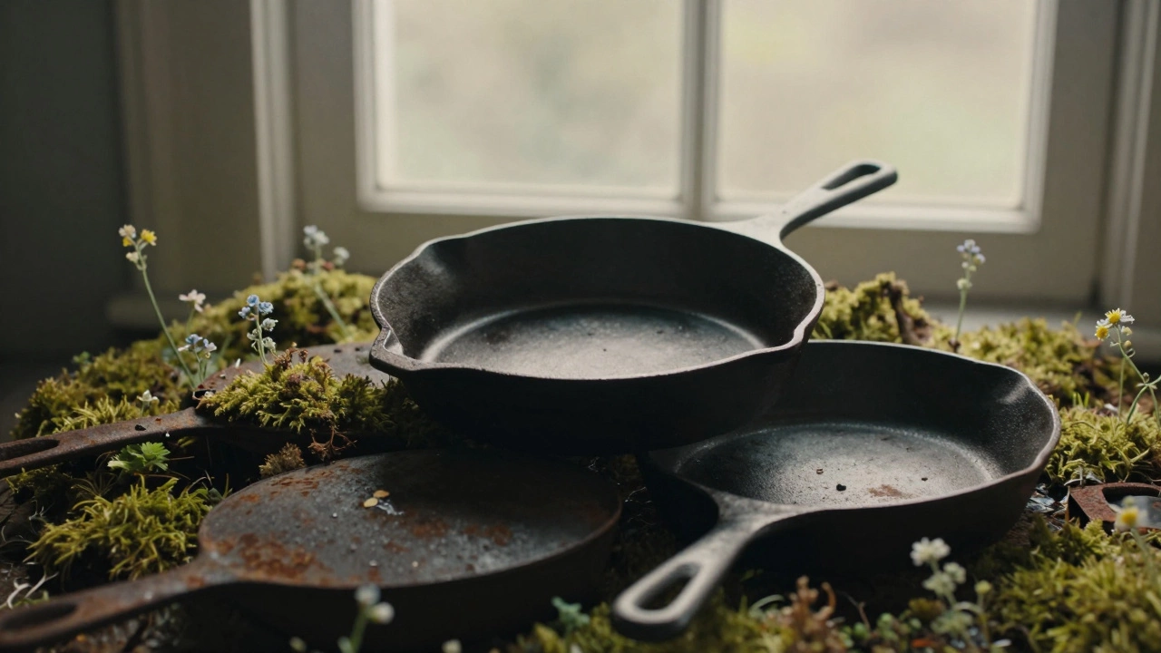 Чугунная сковорода среди выброшенных антипригарных сковородок, покрытых мхом
