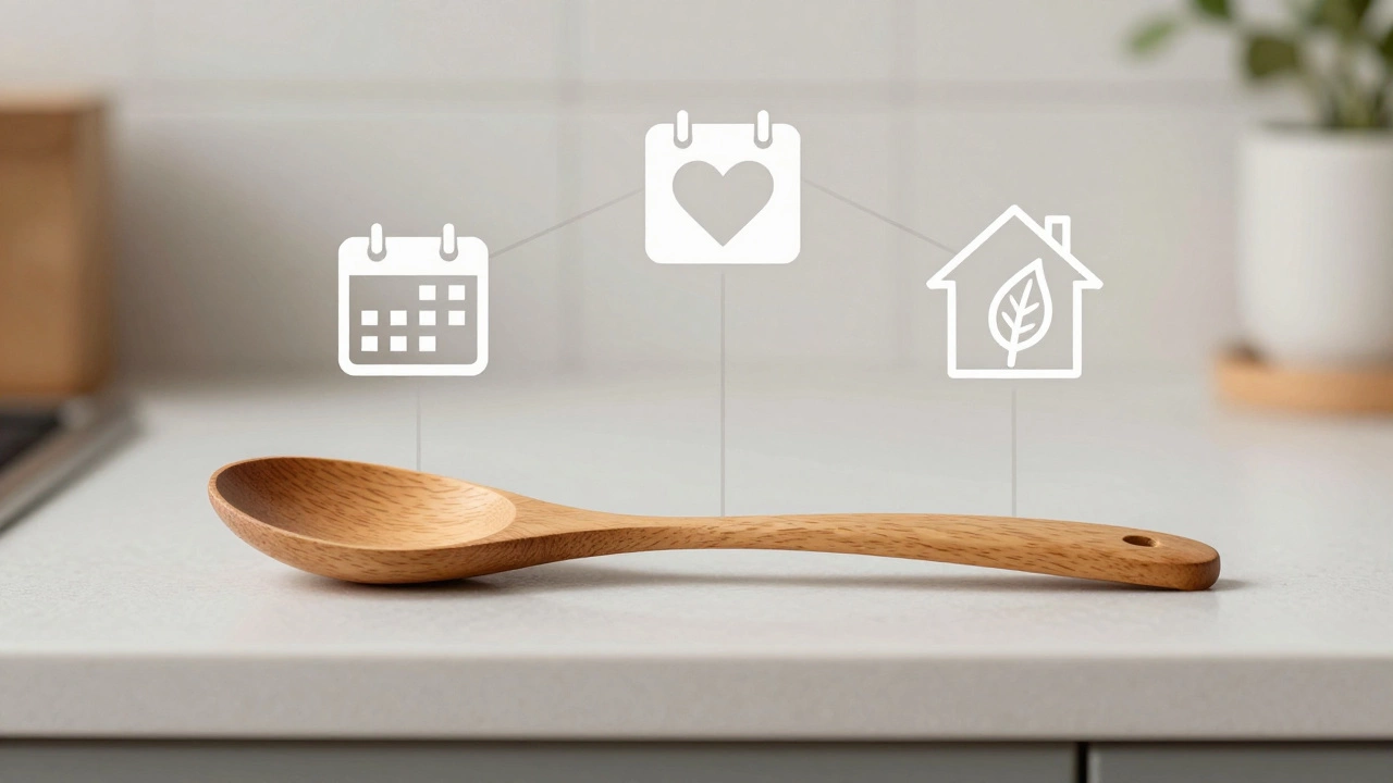 Деревянная ложка с символами её классификации: ежедневное использование, семейное применение, натуральный материал и домашняя среда.