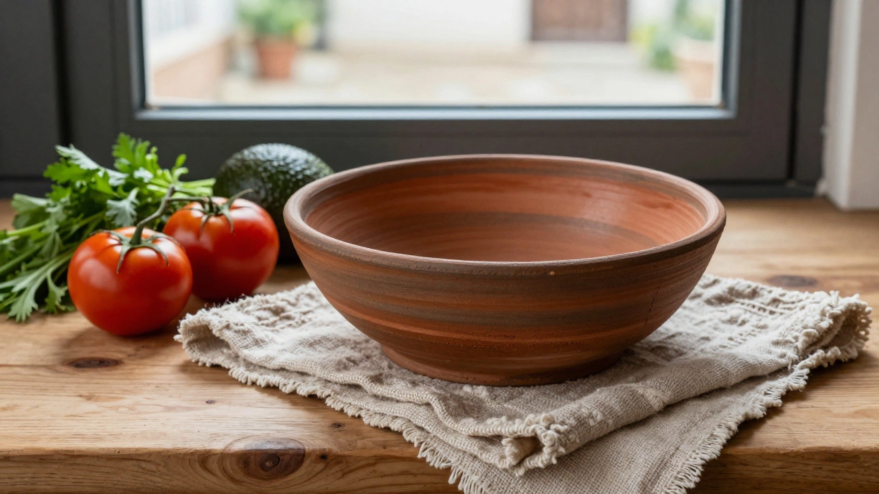 Глиняная терракотовая миска с овощами на льняной салфетке, ручная работа, натуральные текстуры.