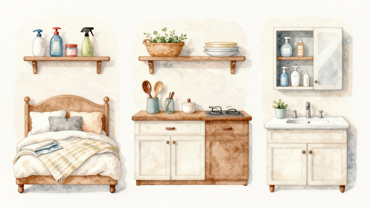 Иллюстрация дома с зонами: уборка, текстиль, кухонные принадлежности и гигиена в мягких тонах.