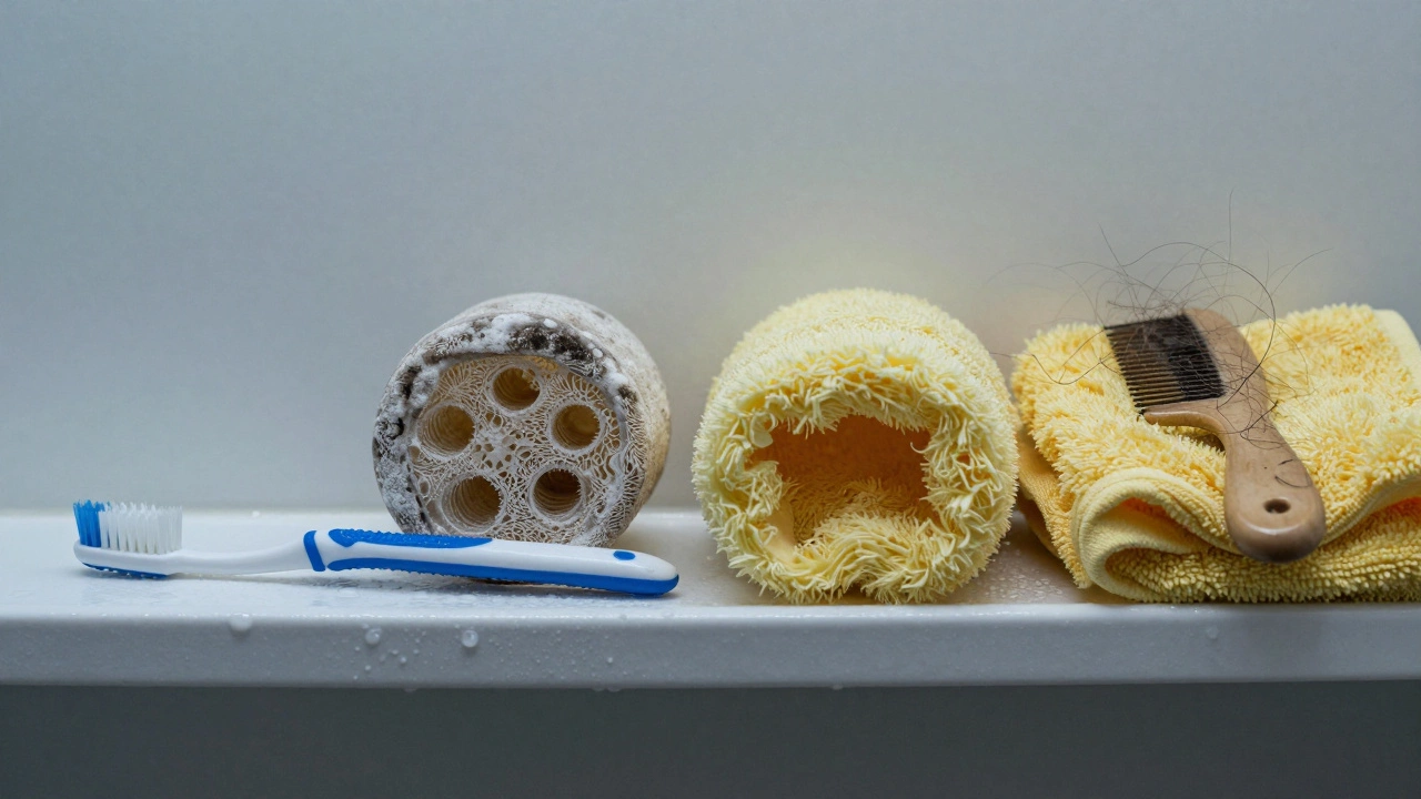 Изношенные личные предметы: старая зубная щетка, плесневелая мочалка, жесткое полотенце — рядом новые.