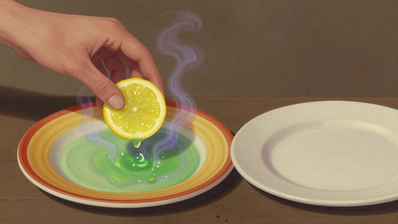 Лимонный сок капает на яркую керамическую тарелку, из неё поднимаются токсичные пары.