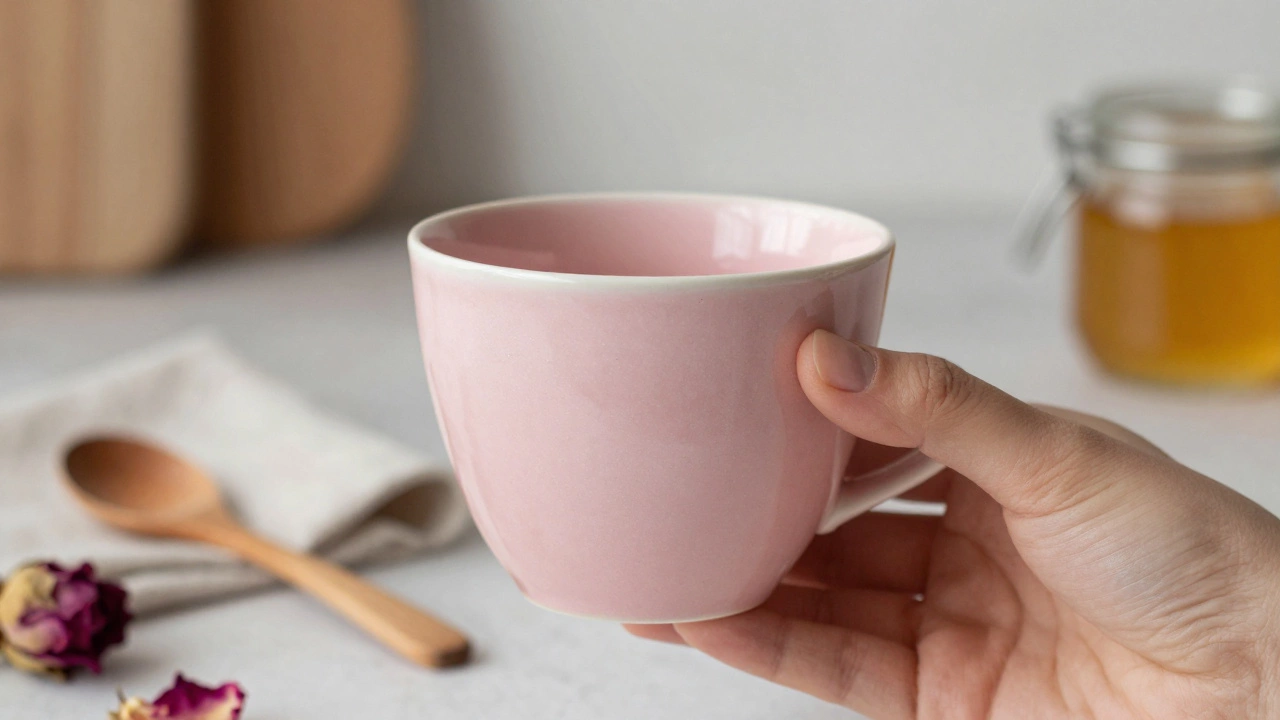 Матовая пыльно-розовая кружка в руке, рядом деревянная ложка и льняная салфетка, мягкий свет.