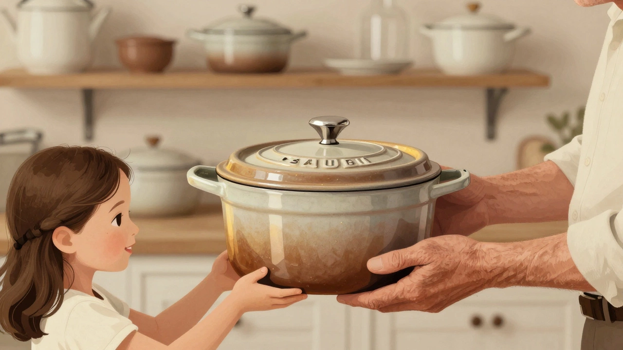 Поколения передают керамическую кастрюлю Staub — руки старика и девочки держат её вместе.
