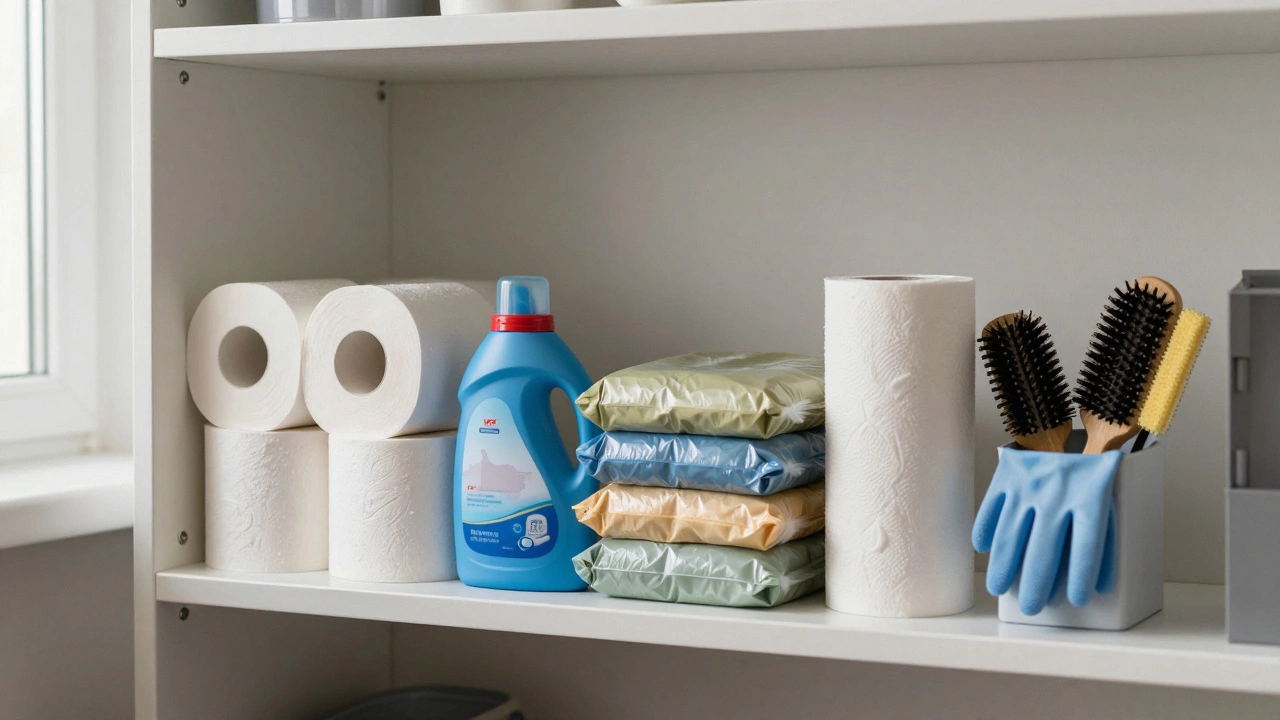 Полка с туалетной бумагой, моющими средствами и мешками для мусора в российской квартире.
