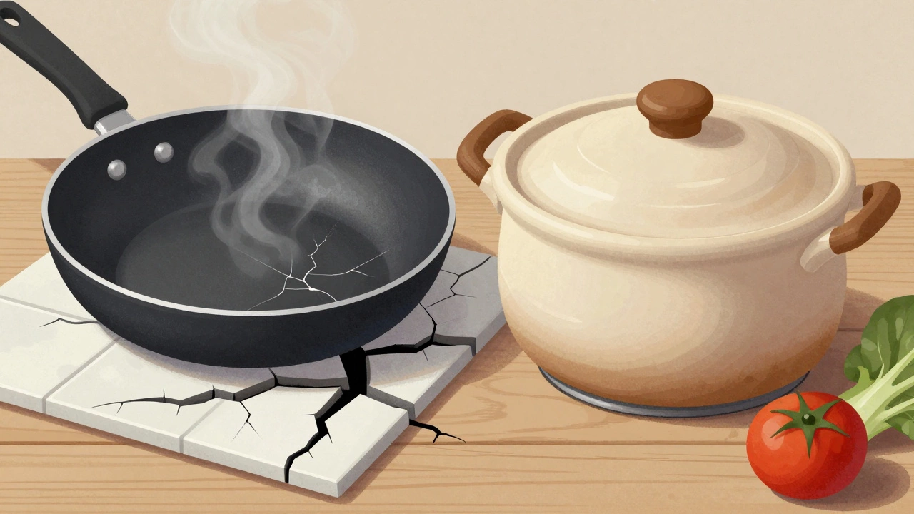 Потрескавшаяся антипригарная кастрюля рядом с цельнокерамической, символизирующие опасность и безопасность.