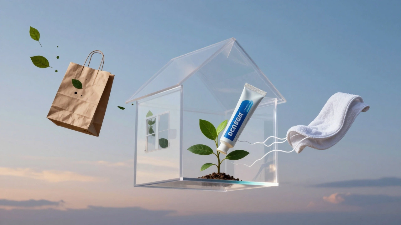 Прозрачный дом с плавающими экологичными предметами быта, символизирующими устойчивое потребление.