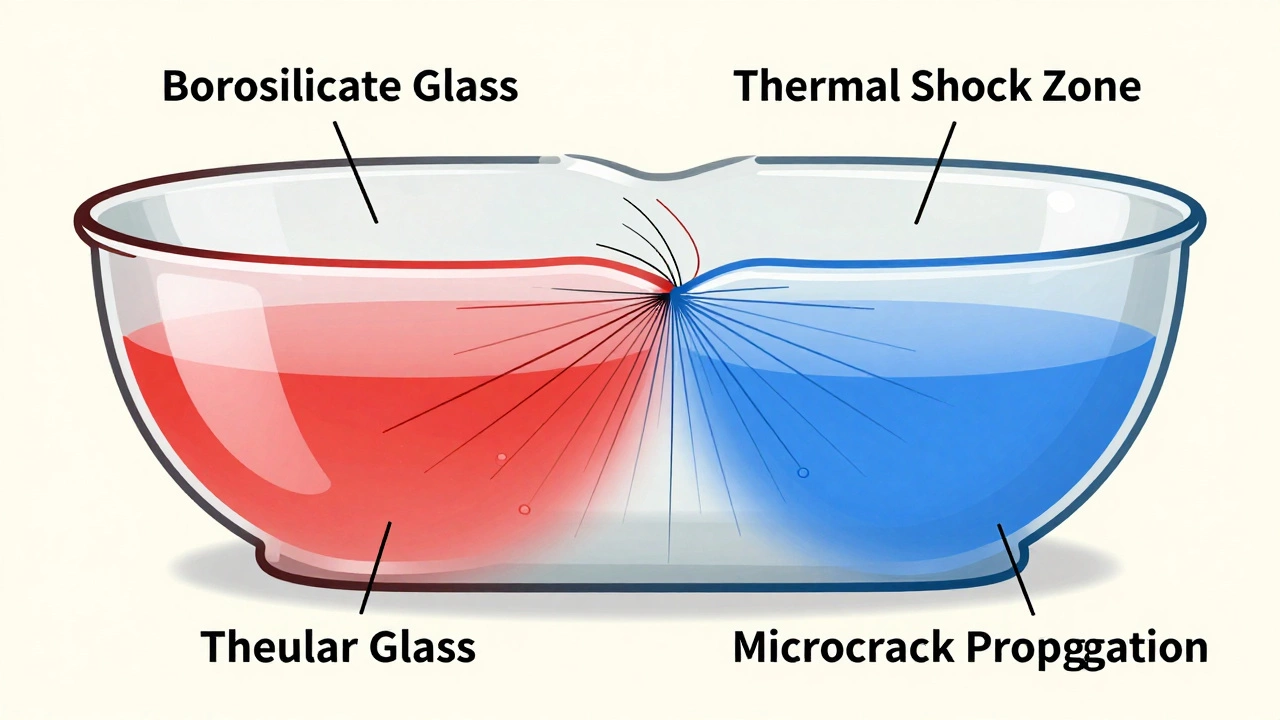 Разрез стеклянной посуды, показывающий неравномерный нагрев и внутреннее напряжение, приводящее к трещине.