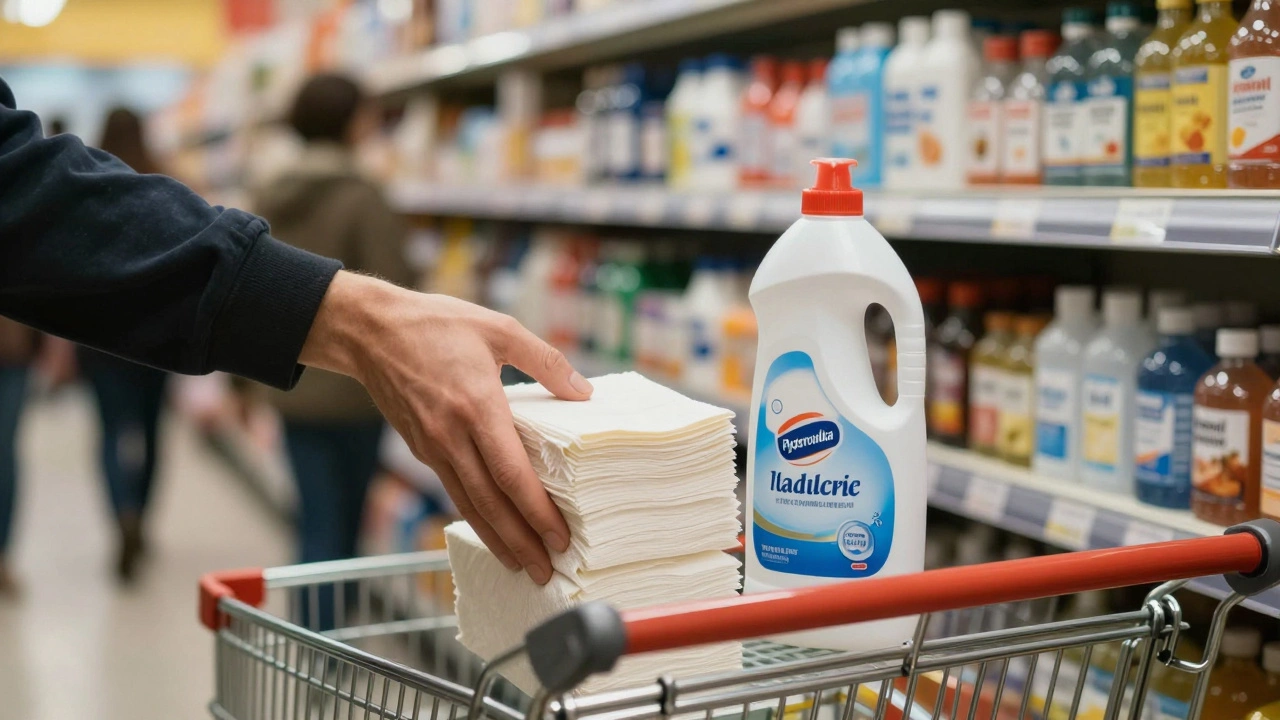 Рука кладёт упаковку салфеток и средство для уборки в тележку в магазине.
