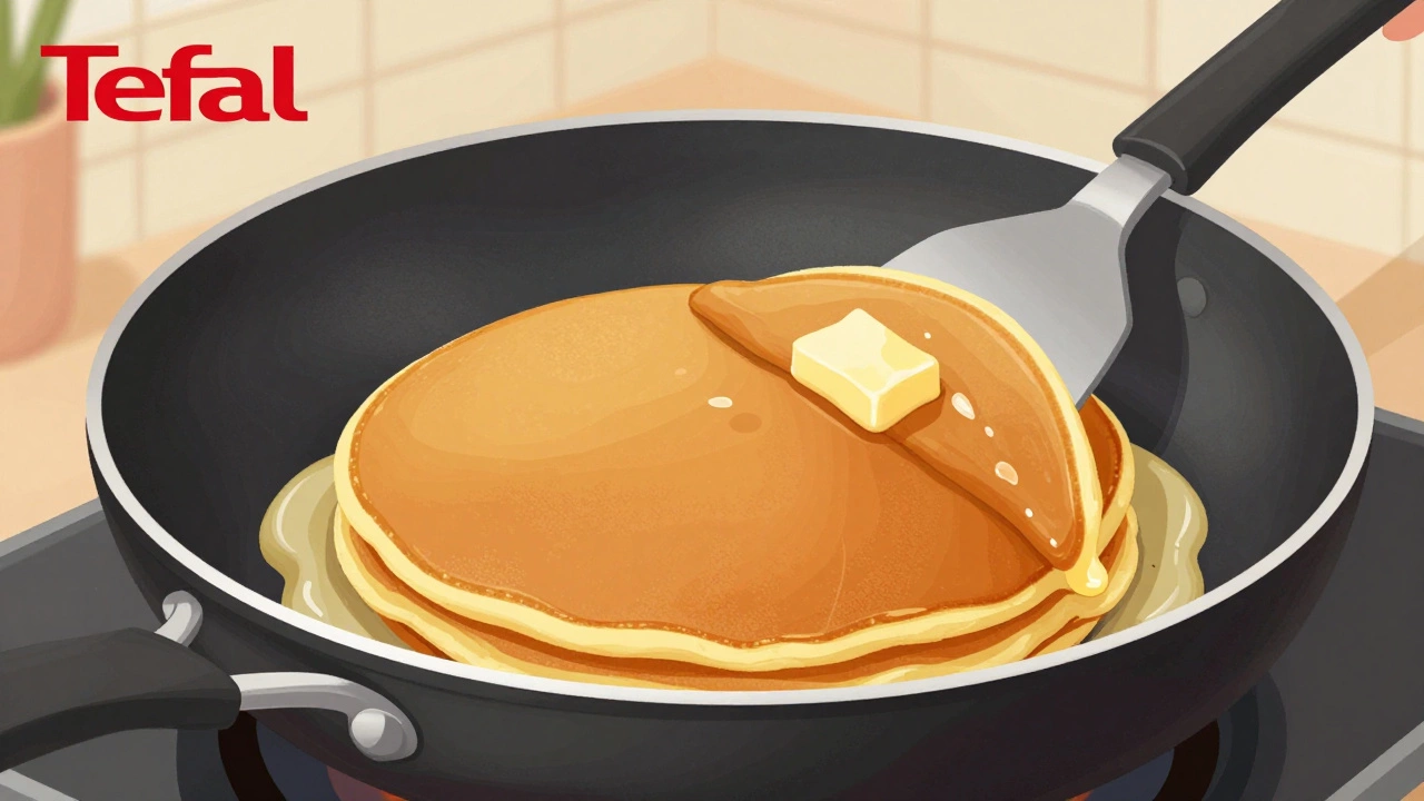Сковорода Tefal с блинами, идеальное антипригарное покрытие, масло тает, теплое освещение.