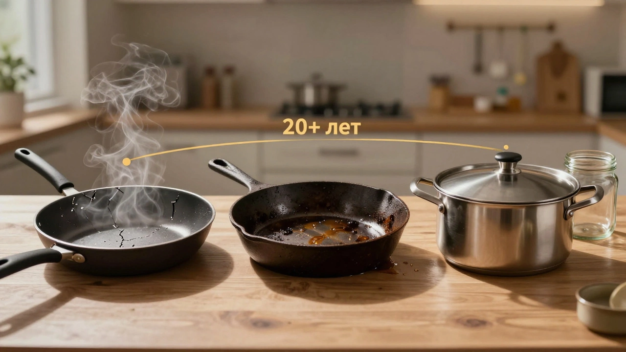 Сравнение посуды: треснувшая сковорода, чугунная сковорода и стальная кастрюля с надписью &#039;20+ лет&#039;.